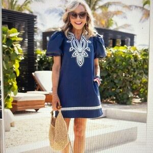 Avara pinch Roxanne, navy mini dress puff sleeve size Small EUC